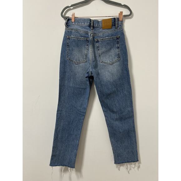 Anine Bing Straight Leg Jeans High Rise 100% Cotton Blue Raw Hem Distressed 25 - Picture 5 of 11